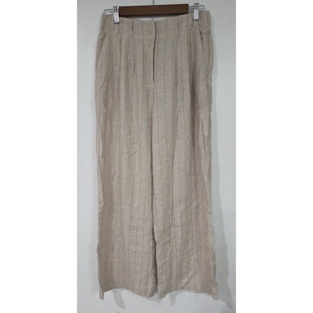 Belle Vere Women's Linen Blend Beige striped Wide Leg Pants 8